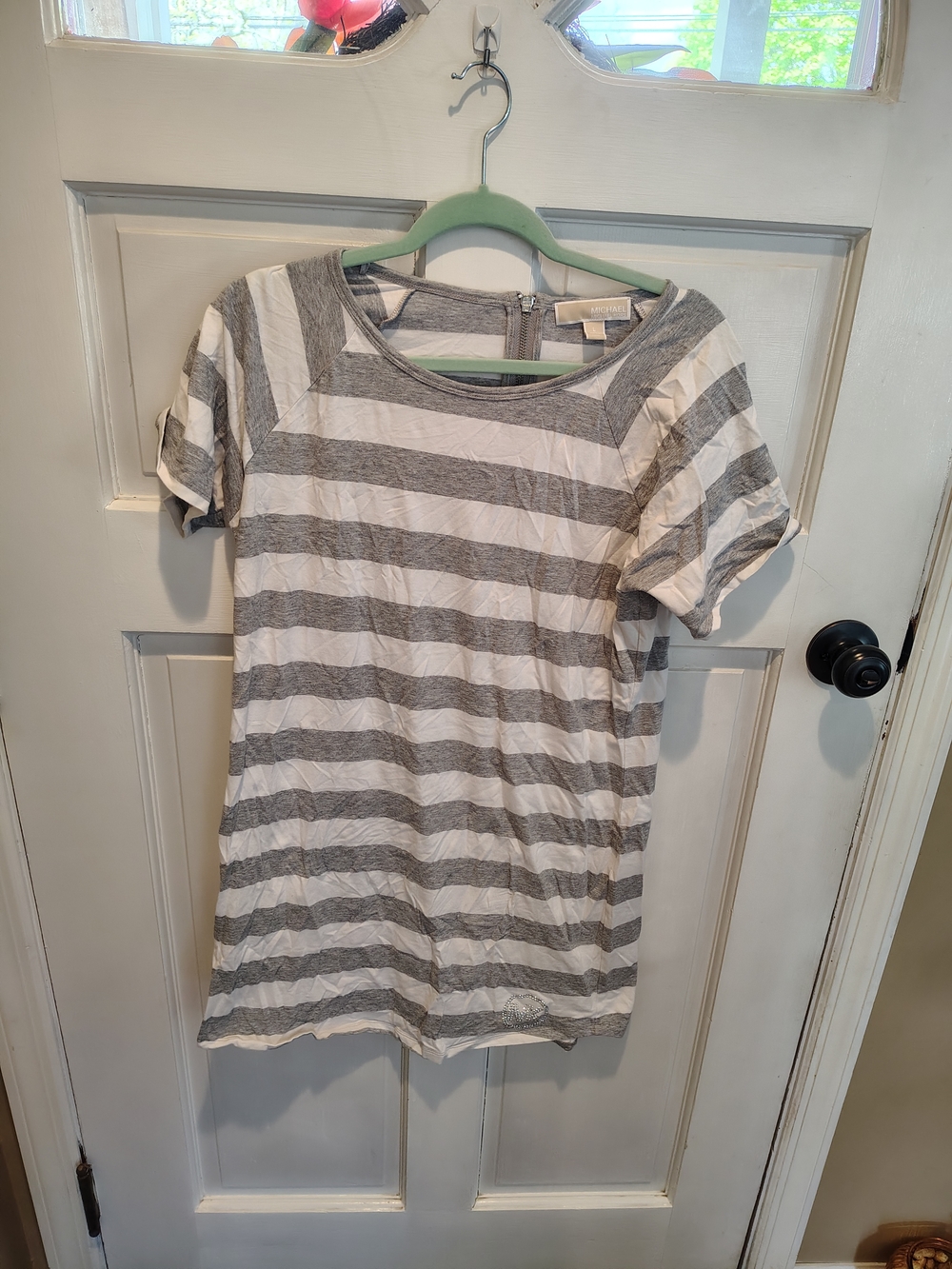 Michael Kors Gray and White Striped Short Sleeve Dress L